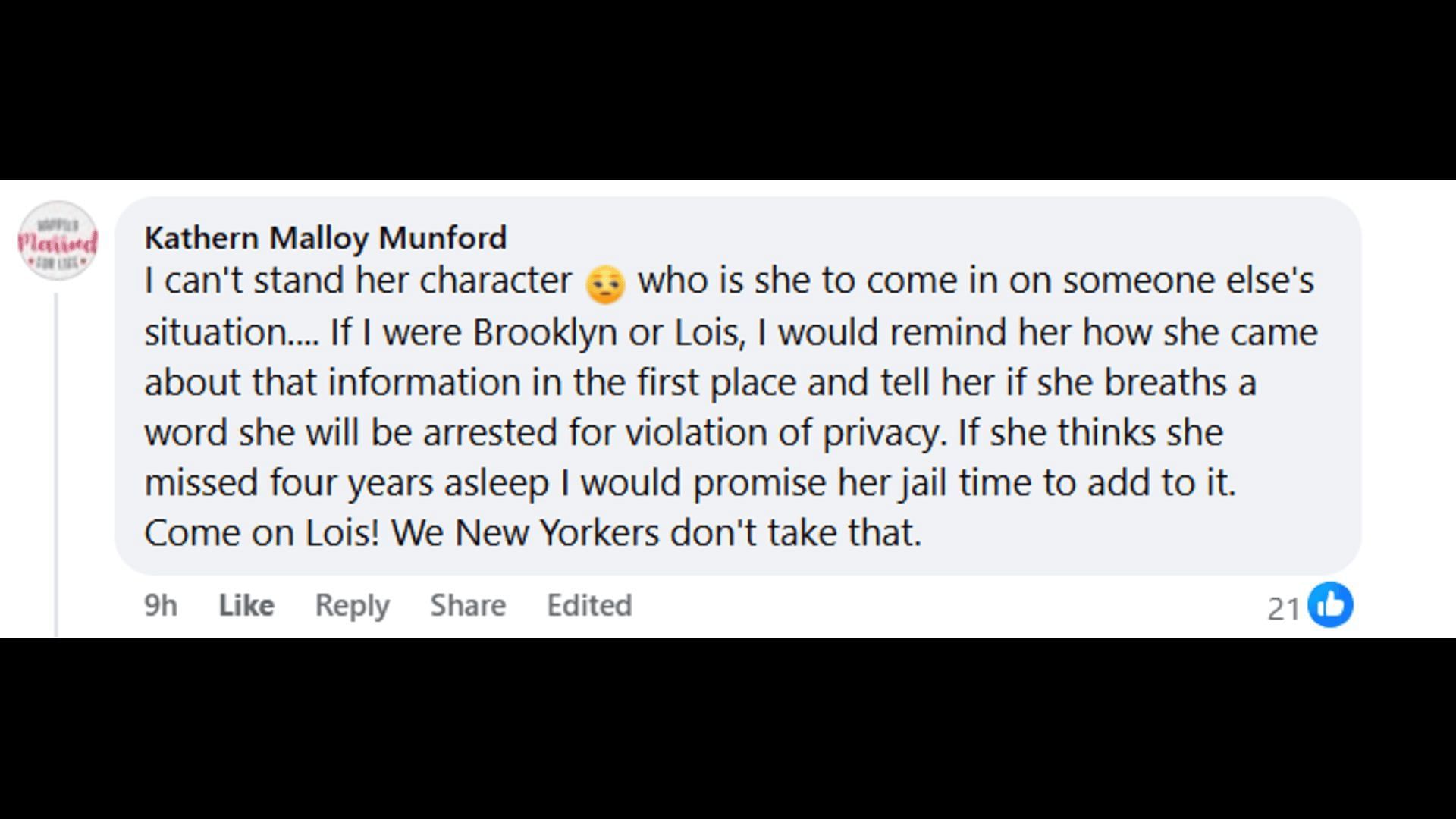 A post made by a fan, criticizing Lulu's entitled behavior (Image via Facebook/General Hospital Fans - Official)